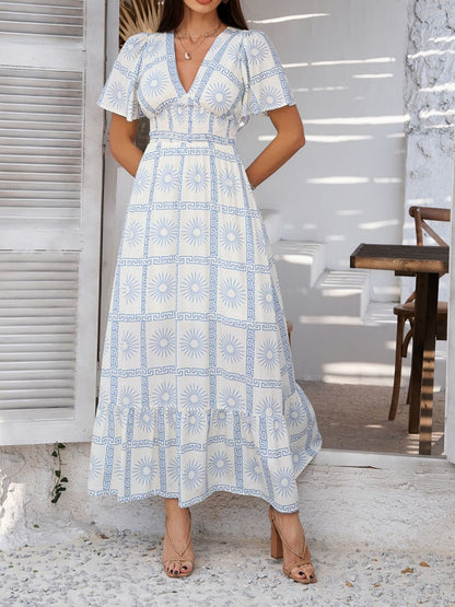 Elegant Printed V-Neck Short Sleeve Maxi Dress Beautiful Casual Women Long Dress