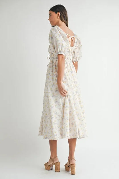 Floral Drawstring Detail Puff Sleeve Midi Dress – Romantic Floral Midi Dress, Ruched Drawstring Dress, Feminine Puff Sleeve Dress, Trendy Garden Party Dress For Summer