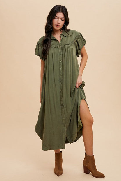 Mineral Washed Button Down Puff Sleeve Shirt Dress For Women – Fluttering, Fashionable Button Down Dress with Puff Sleeves, Mineral Wash for an Effortlessly Chic Look