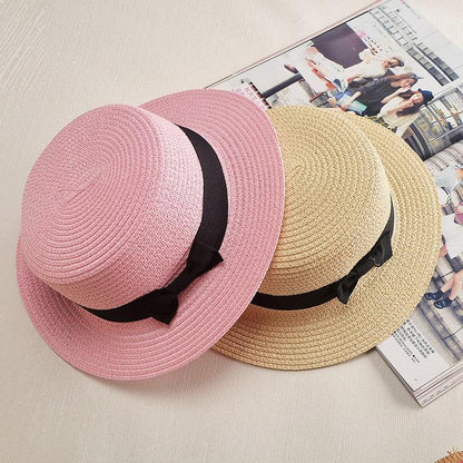 Classic Simple Female Hat For Summer Beach Hat Casual Lady Summer Solid Color Straw Hat Women Elegant Hat Traveling Hats UV Protection Sun Cap Women Flat Bowknot Design Cute Cap Girls Hat 56-58cm
