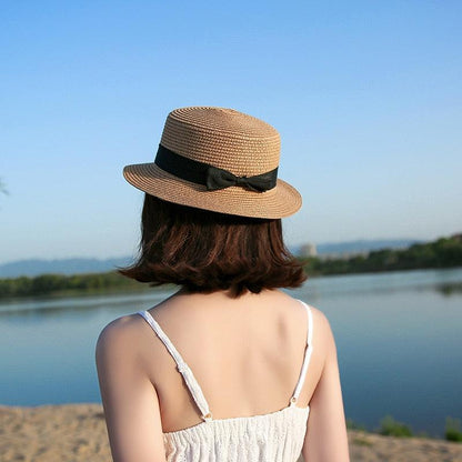 Classic Simple Female Hat For Summer Beach Hat Casual Lady Summer Solid Color Straw Hat Women Elegant Hat Traveling Hats UV Protection Sun Cap Women Flat Bowknot Design Cute Cap Girls Hat 56-58cm