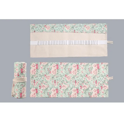Colorful Roll Up Pencil Case Canvas Flowers Style Colored Pencils Wrap Multi-Purpose Pen Holder Cute Case