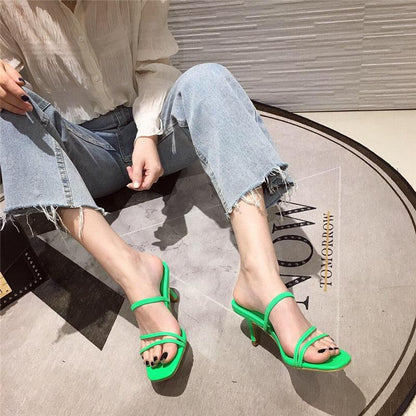 Colorful Women Sandals Slides Slippers Square Open Toe Slip On Thin Mid Heels Pumps Casual Narrow Band Open Toe Sandals Flip Flops Slip On Fashion Dress Heels Back High Heel Slide Slipper