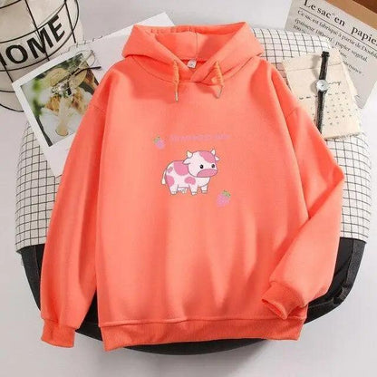 Cool Cow Print Hoodie Strawberry Casual Pullover Oversized Sweatshirt Pullover Sweatshirts for Women Cute Strawberry Cow Print Hoodie Casual Top Aesthetic Clothes For Women Funny Hoodies