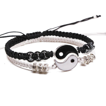 Couple Bracelets Cord Braid Chain Bracelet Alloy Pendant Two-piece Woven Rope Braid Bracelet Bangle For Women Men Charm Adjustable Black White Matching Bracelets For Couples