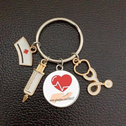 Creative Doctor Keychain Unique Personality Syringe Stethoscope Pendant Keychain Cartoon Colorful Handbag Pendant Keychain Doctor Injection Stethoscope Picture Keychain Round Dome Pendant Women Alloy Keychain