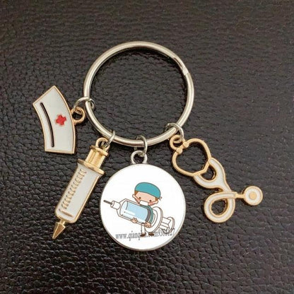 Creative Doctor Keychain Unique Personality Syringe Stethoscope Pendant Keychain Cartoon Colorful Handbag Pendant Keychain Doctor Injection Stethoscope Picture Keychain Round Dome Pendant Women Alloy Keychain