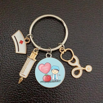Creative Doctor Keychain Unique Personality Syringe Stethoscope Pendant Keychain Cartoon Colorful Handbag Pendant Keychain Doctor Injection Stethoscope Picture Keychain Round Dome Pendant Women Alloy Keychain