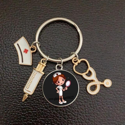 Creative Doctor Keychain Unique Personality Syringe Stethoscope Pendant Keychain Cartoon Colorful Handbag Pendant Keychain Doctor Injection Stethoscope Picture Keychain Round Dome Pendant Women Alloy Keychain