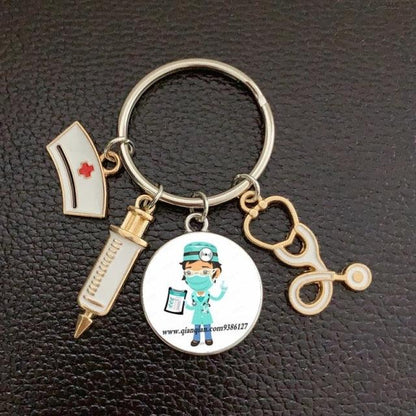 Creative Doctor Keychain Unique Personality Syringe Stethoscope Pendant Keychain Cartoon Colorful Handbag Pendant Keychain Doctor Injection Stethoscope Picture Keychain Round Dome Pendant Women Alloy Keychain