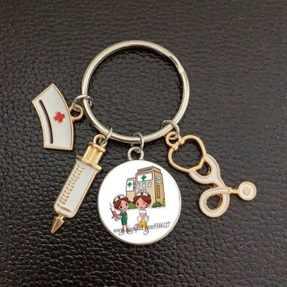 Creative Doctor Keychain Unique Personality Syringe Stethoscope Pendant Keychain Cartoon Colorful Handbag Pendant Keychain Doctor Injection Stethoscope Picture Keychain Round Dome Pendant Women Alloy Keychain