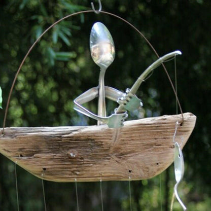 Creative Fishing Man Spoon Fish Sculptures Wind Chime Home Bedroom Painted Fish Mobile Tropical Fish Home Decor  Yard Garden Hanging Ornament Decoration