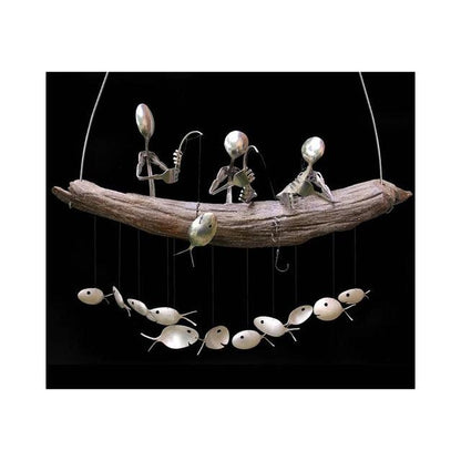 Creative Fishing Man Spoon Fish Sculptures Wind Chime Home Bedroom Painted Fish Mobile Tropical Fish Home Decor  Yard Garden Hanging Ornament Decoration