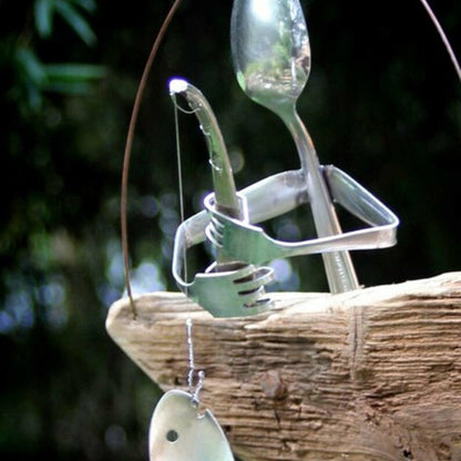Creative Fishing Man Spoon Fish Sculptures Wind Chime Home Bedroom Painted Fish Mobile Tropical Fish Home Decor  Yard Garden Hanging Ornament Decoration