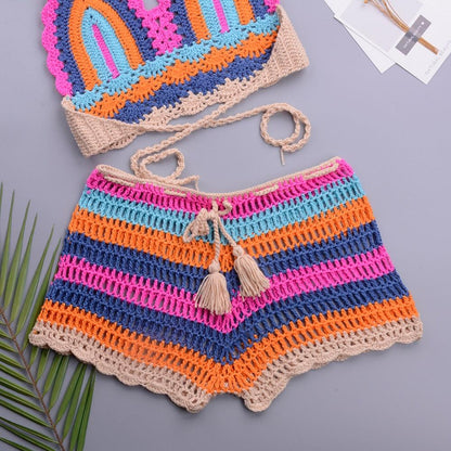 Crochet Bikini Sets Multi Color Knitted Rainbow Striped Off Shoulder Top Bottom Bikini Women's Crochet Striped Lace Up  Shorts Bikini Set 2 PCS Knit Bathing Suit Swimsuit Beachwear Bathing Suit Women Swimsuit