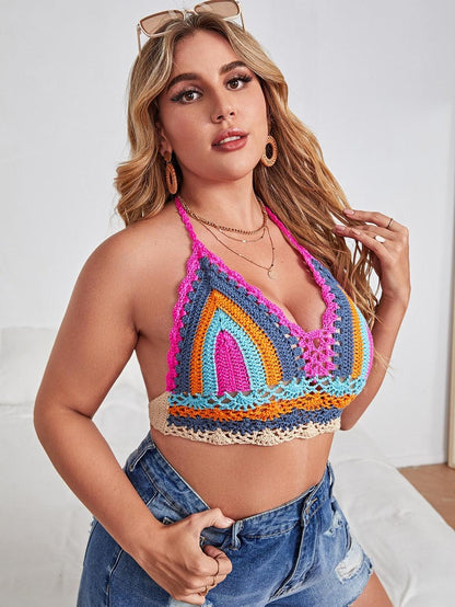 Crochet Bikini Sets Multi Color Knitted Rainbow Striped Off Shoulder Top Bottom Bikini Women's Crochet Striped Lace Up  Shorts Bikini Set 2 PCS Knit Bathing Suit Swimsuit Beachwear Bathing Suit Women Swimsuit