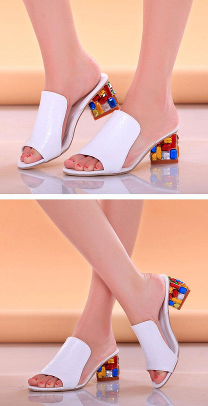 Crystal Sandals Open Toe Square Heels Spring Summer Shoes Sandals Women Footwear Low Block Heels Mules Open Toe Ankle Strap Sandals Square Toe Mixed Colors Beautiful Sandals