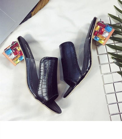 Crystal Sandals Open Toe Square Heels Spring Summer Shoes Sandals Women Footwear Low Block Heels Mules Open Toe Ankle Strap Sandals Square Toe Mixed Colors Beautiful Sandals