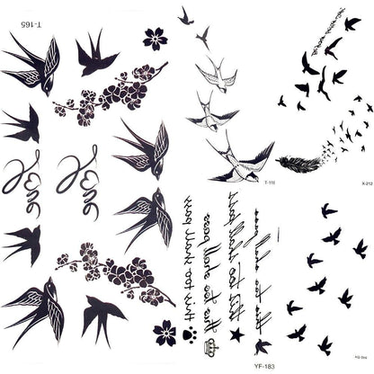 Cute Black Birds Temporary Waterproof Stickers Tattoo Flower Body Elegant Bird Butterfly Style For Womens