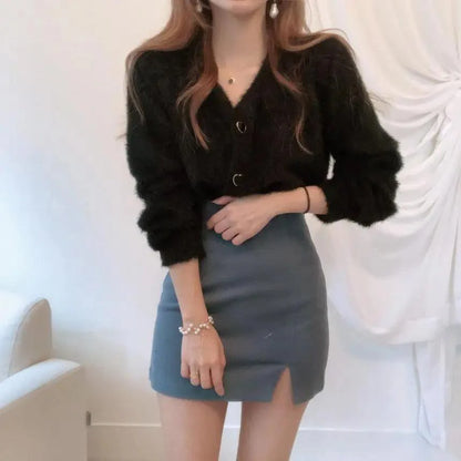 Cute Kitty Chic Fashionable V-Neck Single Breasted Mink Short Knitted Sweaters Outerwear For Women Autumn Long Sleeve Sweater Coat