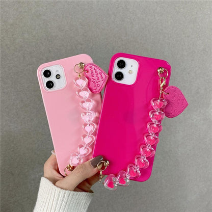 Cute Love Heart Strap Chain Wrist Band Phone Case Bracelet Love-Heart Chain Bracelet Strap Design with Shockproof Soft Back Cover Protective Bumper Case for Women Girls Candy Color Case for iPhone 13 12 11 Pro Soft Cover