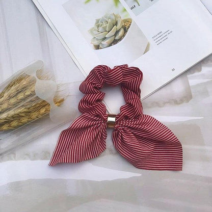 Cute Rabbit Ear Striped Metal Buckle Hair Scrunchies Elastic Hair Bands Ties Rope Bands Ponytail Bands Gorgeous Hair Accessories For Women