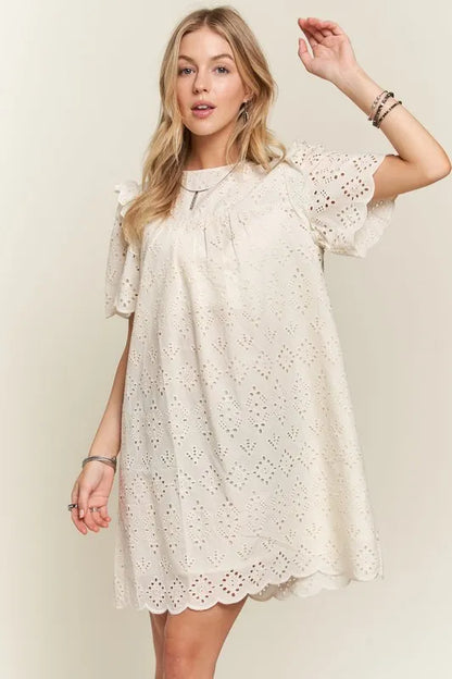 Ruffled Eyelet Round Neck Summer Dress For Women – Elegant Feminine Eyelet Dress with Ruffled Details for Garden Parties & Special Occasions