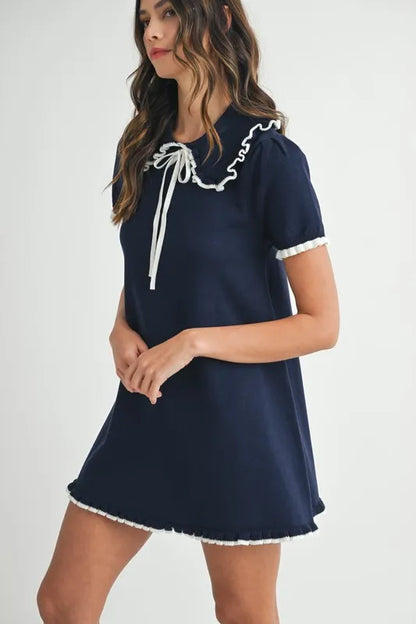 Ruffle Trimmed Collar Fine Knit Mini Dress For Women – Ruffle Mini Dress, Fine Knit Dress, Collar Dress, Feminine Mini Dress, Chic Knit Dress