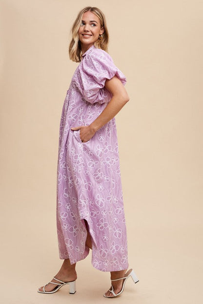Romantic Floral Detail Puff Sleeve Dress Feminine Elegant Dress for Women Long Dress For Summer