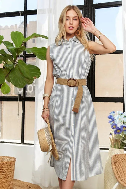 New Striped Button Down Sleeveless Midi Dress For Women – Classic, Elegant, Stylish, Chic, Timeless Striped Midi Dress For Any Occasion