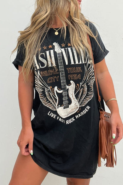 Black Graphic Round Neck Short Sleeve Tee Dress Trendy Casual T-Shirt Dress for Women