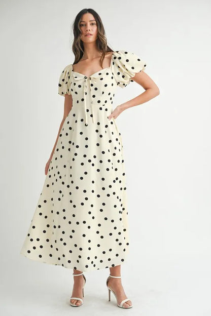 Polka Dot Puff Sleeve Midi Dress For Women – Vintage Fluttering Polka Dot Dress, Feminine Puff Sleeve Dress, Retro Midi Dress, Classic Chic Dress