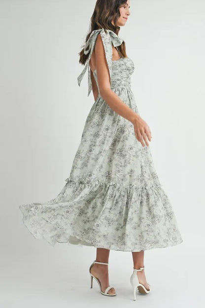 Floral Bust Ruched Midi Dress with Shoulder Tie For Women – Ruched Midi Dress For Summer, Floral Bust Dress, Shoulder Tie Dress, Feminine Midi Dress, Chic Event Dress