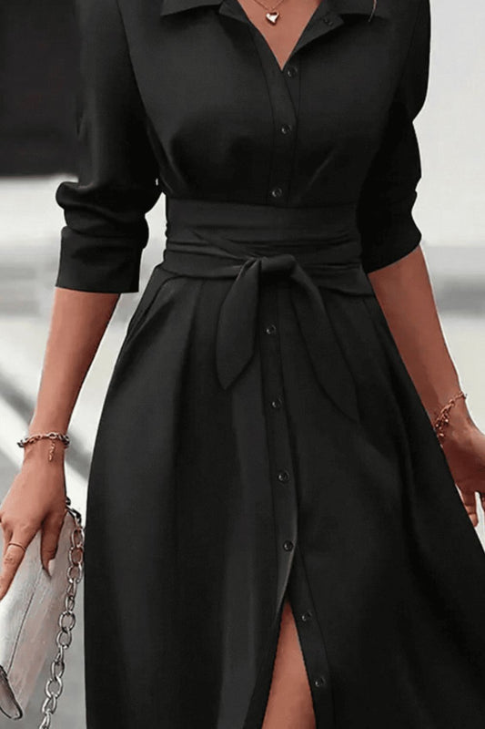 Elegant Black Collared Neck Long Sleeve Midi Shirt Dress Tied and Buttoned Women’s Dress