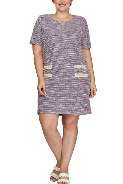 Full Size Short Sleeve Pearl Studded Trim Knit Tweed Dress Plus Size –Elegant and Glamorous Dress with Pearl Detailing for Upscale Events