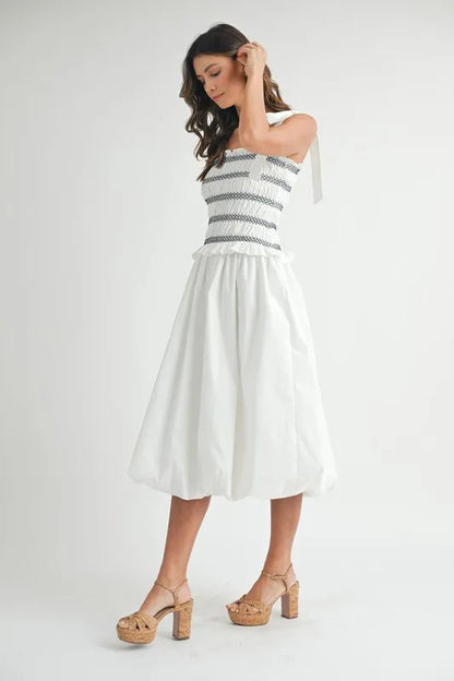Smocked Bodice Bubble Midi Dress For Women – Stylish Smocked Bodice, Playful Bubble Skirt, Trendy Midi Dress, Chic Casual Look for Summer Outings