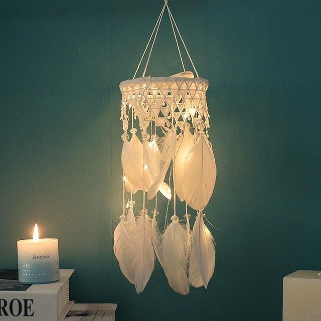 Decoration Home Dream Catchers Hanging Wall Decor Art Pendant Handmade Traditional White Cloud Dream Catcher With Led String Lights Wall Hanging Kids Room Decor Nursery Wall Art Ornament Decor Craft Gift Cute Wind Chimes National Feather Kids Girls
