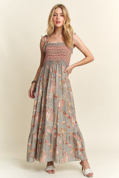 Smocked Printed Square Neck Tie Shoulder Cami Dress For Women – Trendy Smocked Cami Dress with Square Neckline, Tie Shoulders, and Playful Print for a Chic Summer Look