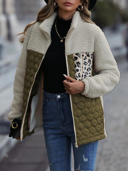 Unique Autumn Leopard Color Block Zip-Up Jacket Trendy Lightweight Jacket with Pockets Charming Winter Jacket