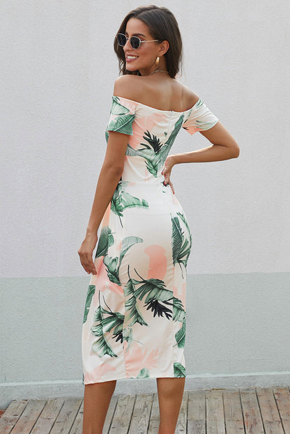 Charming Printed Off-Shoulder Midi Dress with Slit Classy & Feminine Look