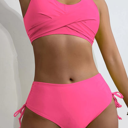 Bikini Twist Front V Neck High Waist 2 Piece Bikini Set for Women – Stretchy Tie Back Swimsuit with Drawstring Lace Up and Comfortable Fit – Trendy Solid Color Swimwear for Beach Days Pool Parties and Summer Vacations