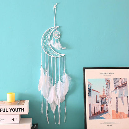 Dream Catcher Wall Decor with White Feathers Indian Style Dream-catcher Moon Handmade Wind Chimes Wall Ornament Girls Room Decoration Feather Dream Catcher For Kids Women Wedding Bohemian Wall Decor