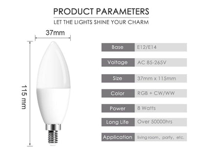 E14 LED Bulb Candle Color Indoor Neon Sign Light Bulb RGB Tape With Controller Lighting 220V E12 Dimmable Smart Lamp For Home Smart WiFi Candelabra Light Bulb, C37 Shape RGB+C+W LED Candle Light Bulb, 5W 400LM (2700k-6500k) Candelabra Bulb