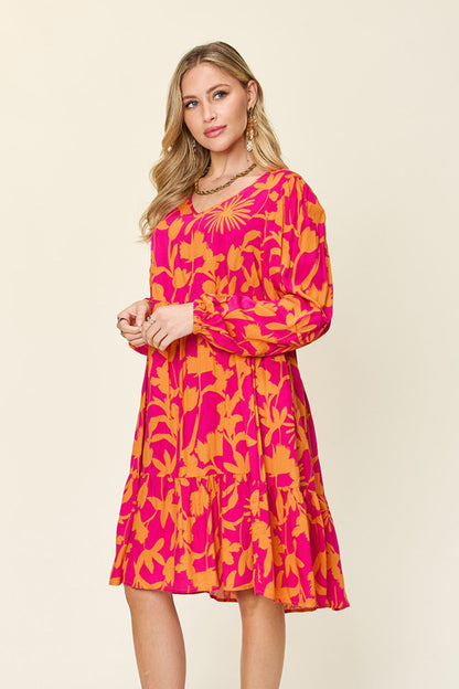 Double Take Full Size Printed Ruffle Hem Dress with Pocket Stylish & Functional Women Dress