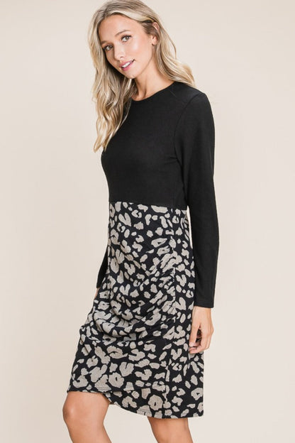 Leopard Color Block Knit Dress – Animal Print Knit Dress, Color Block Sweater Dress, Casual Knit Dress, Fall Fashion Knit Dress, Cozy Long Sleeve Dress