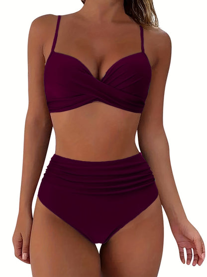 Tropical Vibe High Waist Bikini Set – Flirty V-Neck Swimsuit with Layered Colorblock High Cut Bottom Crisscross Strap Detail & Ultra-Stretch Comfort – Women's Two Piece Swimwear for Summer Beach Pool & Vacation Fun