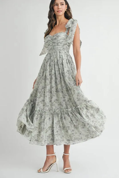 Floral Bust Ruched Midi Dress with Shoulder Tie For Women – Ruched Midi Dress For Summer, Floral Bust Dress, Shoulder Tie Dress, Feminine Midi Dress, Chic Event Dress