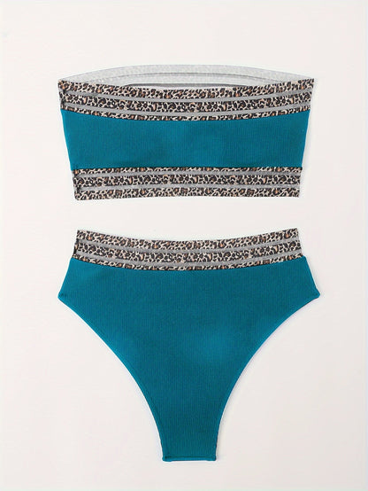 Bikini Leopard Print High Waist Bandeau 2 Piece Swimsuit for Women – Super Stretchy Bikini Set with Seductive Mesh Detail and Flattering Fit – Chic Animal Print Swimwear for Beachwear Poolside and Summer Vacations