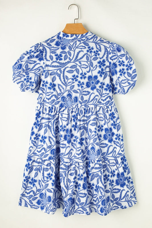 Royal Blue Printed Puff Sleeve Dress Stylish & Feminine Statement Dress For Every Occasion