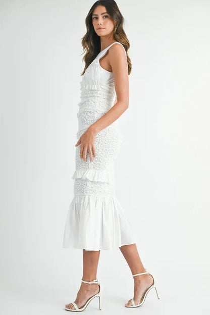 Ruffled Popcorn Smocked Mermaid Midi Dress – Feminine Midi Dress, Smocked Dress, Ruffled Mermaid Dress, High Waist Dress, Popcorn Smocked Design, Elegant Party Dress, Romantic Event Dress